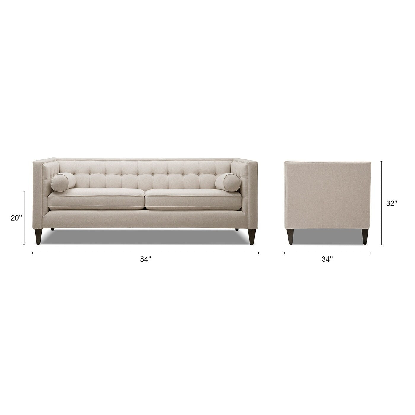 Jack 84 Mid-Century Modern Tuxedo Sofa with Bolster Pillows