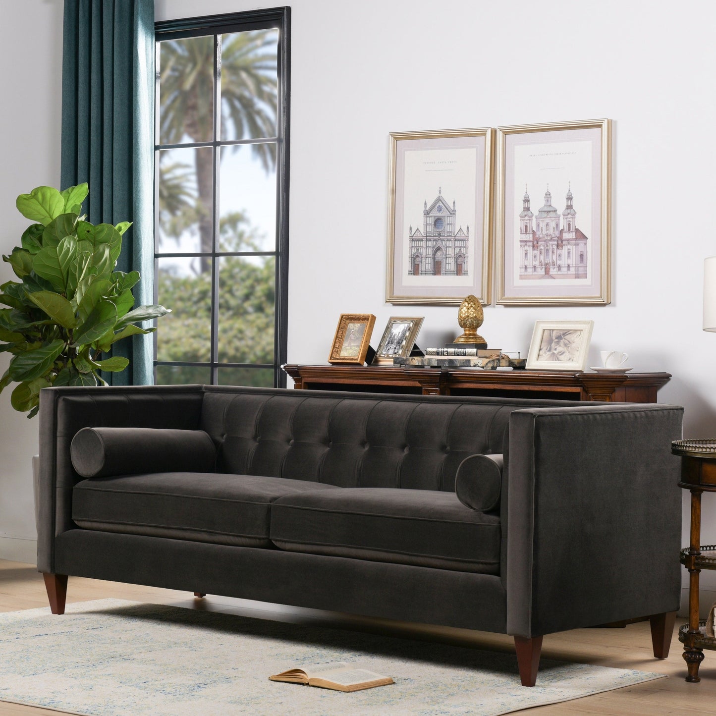 Jack 84 Mid-Century Modern Tuxedo Sofa with Bolster Pillows