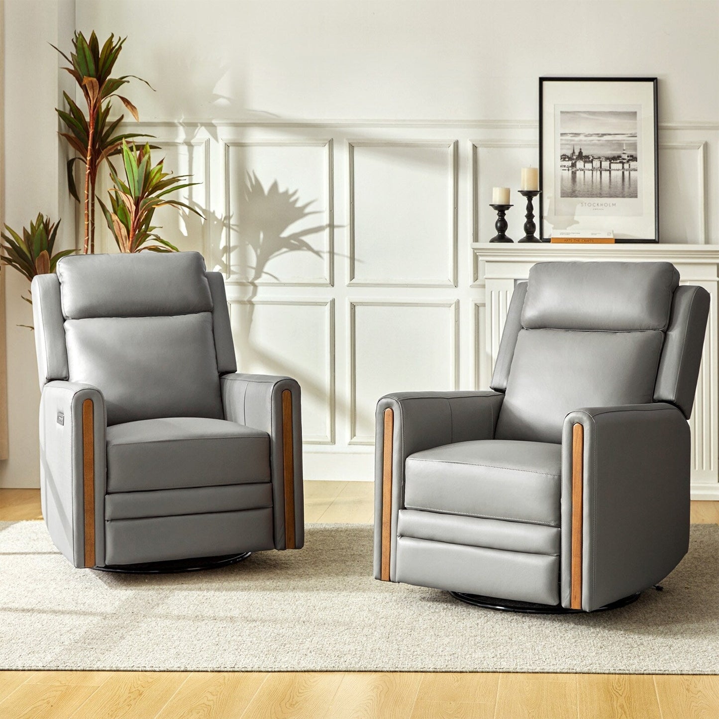 Jaime Modern Genuine Leather Power Rocking Swivel Recliner with Adjustable Headrest and Footrest Set of 2 by HULALA HOME
