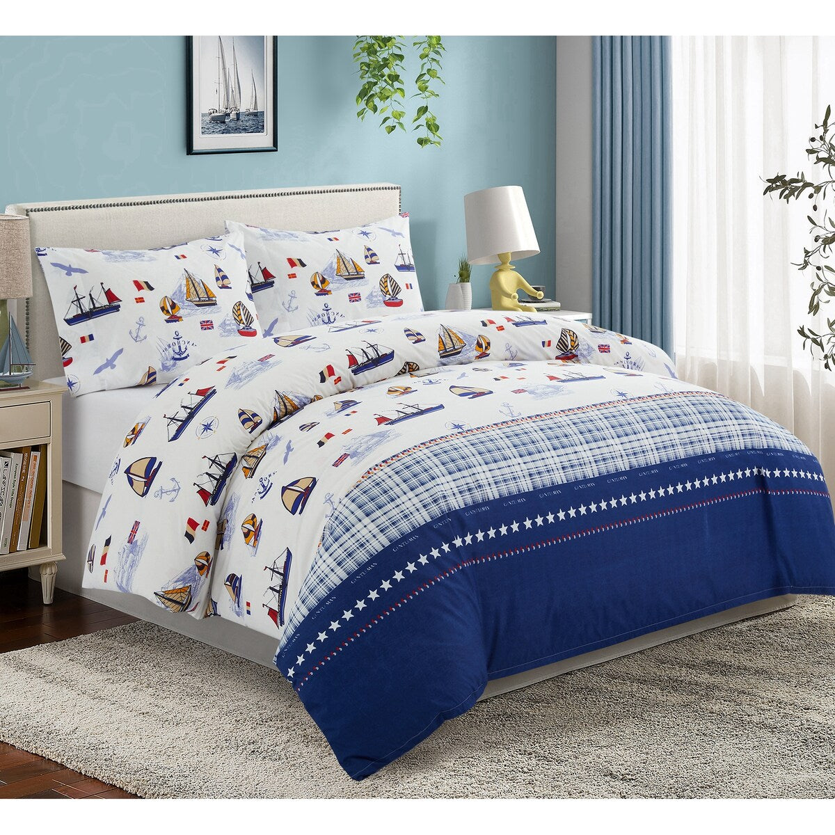 Kids Boys Printed 600 Thread Count Cotton Blend Percale Duvet Cover Fitted Sheet Ensemble Bedding Set, Nautical Sailing Boat
