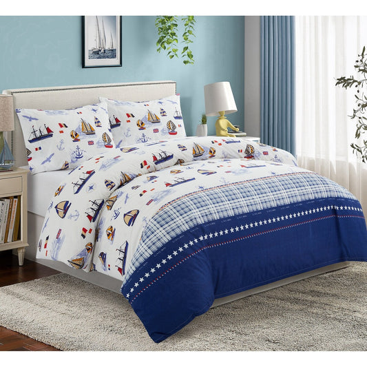 Kids Boys Printed 600 Thread Count Cotton Blend Percale Duvet Cover Fitted Sheet Ensemble Bedding Set, Nautical Sailing Boat