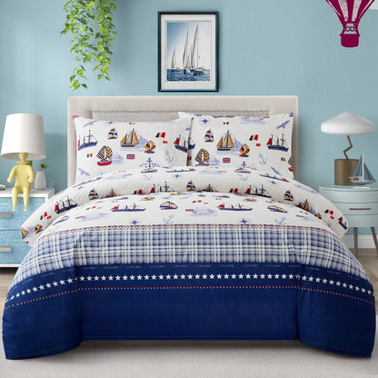 Kids Boys Printed 600 Thread Count Cotton Blend Percale Duvet Cover Fitted Sheet Ensemble Bedding Set, Nautical Sailing Boat