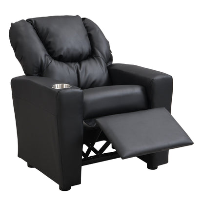 Kids Recliner Chair Black PVC Durable Toddler Chair with Cup Holder Ergonomic Design Easy Assembly 150 lbs Capacity
