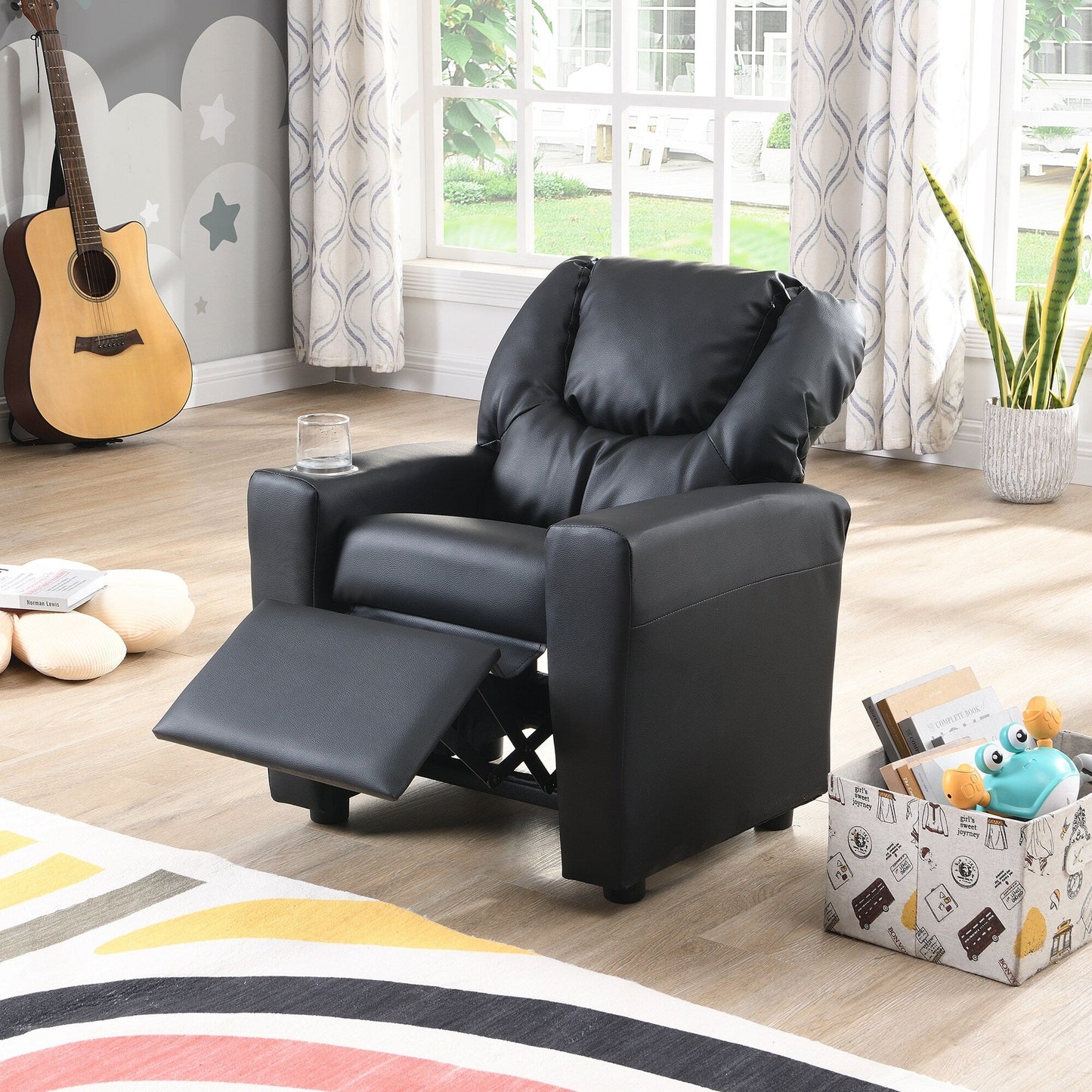 Kids Recliner Chair Black PVC Durable Toddler Chair with Cup Holder Ergonomic Design Easy Assembly 150 lbs Capacity