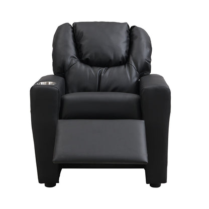 Kids Recliner Chair Black PVC Durable Toddler Chair with Cup Holder Ergonomic Design Easy Assembly 150 lbs Capacity