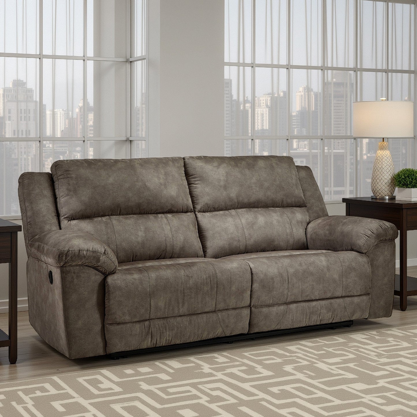 Larson Manual Reclining Oversize Sofa, Brown Faux Leather, 92 Inch