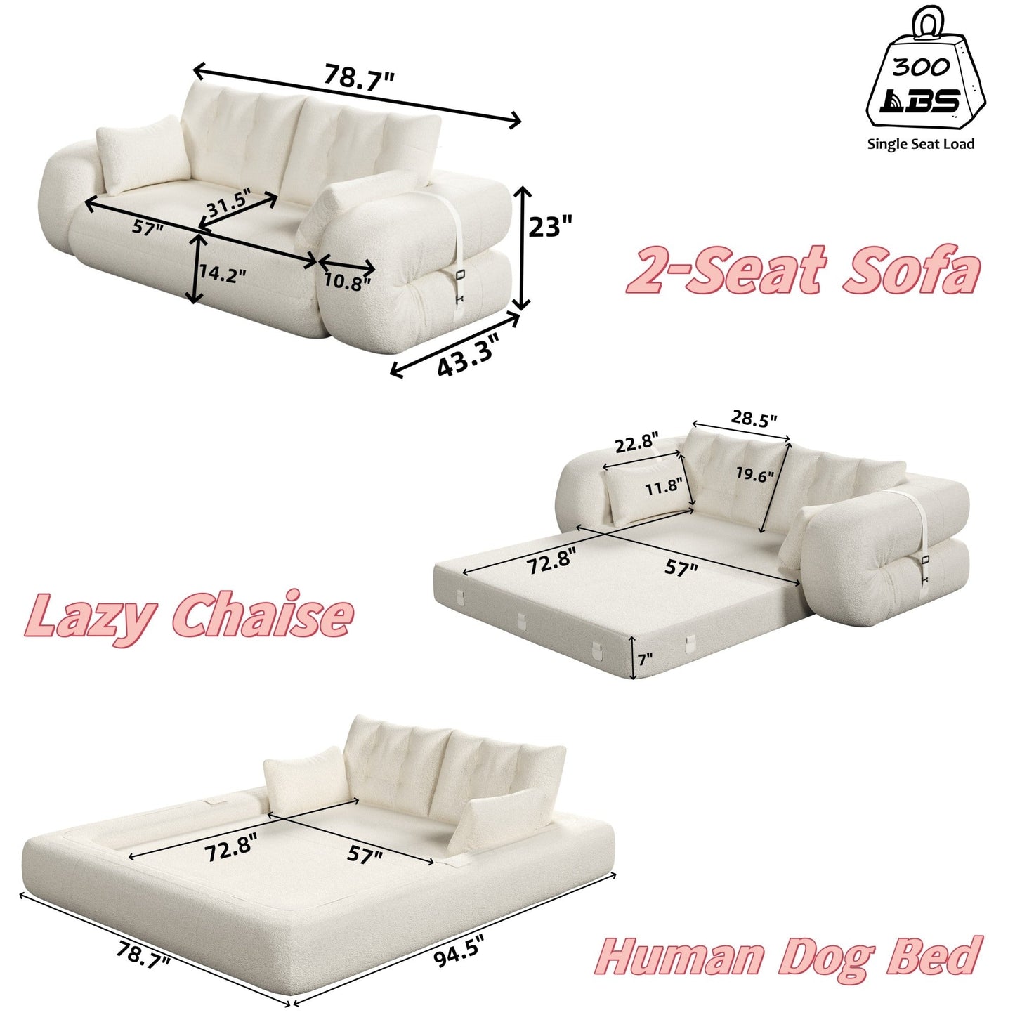 78in Wide Lazy Sofa Couch Multi Functional Foldable Sofa Bed