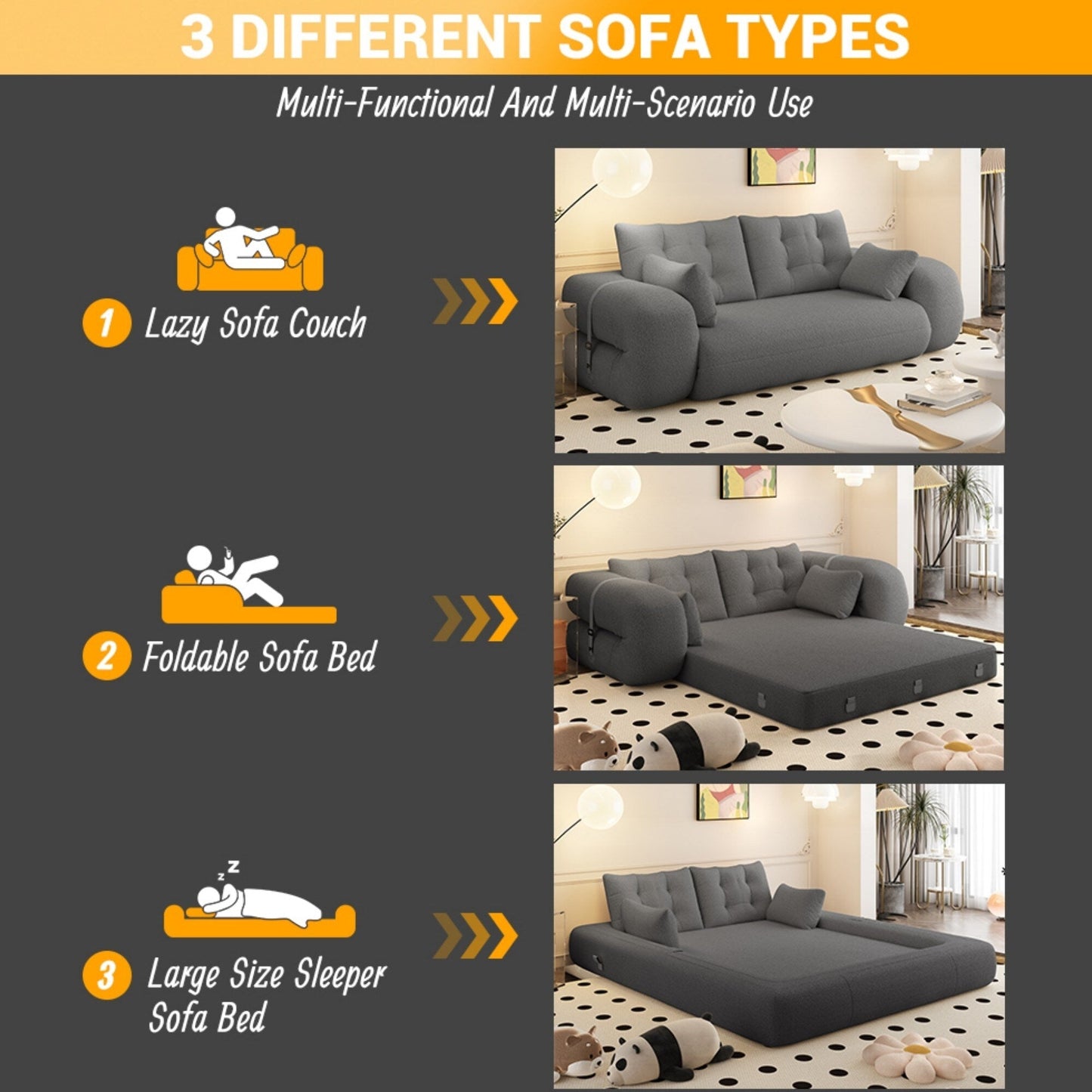 78in Wide Lazy Sofa Couch Multi Functional Foldable Sofa Bed