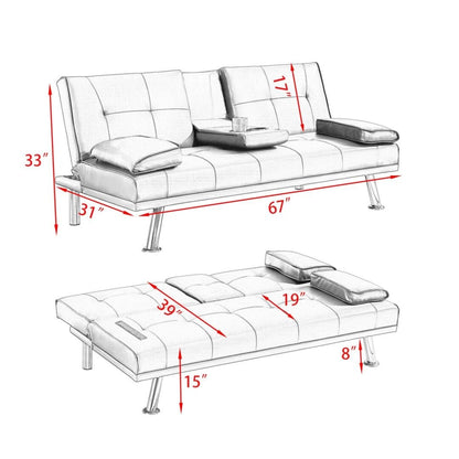 Leather Multifunctional Double Folding Sofa Bed for Office with Coffee Table