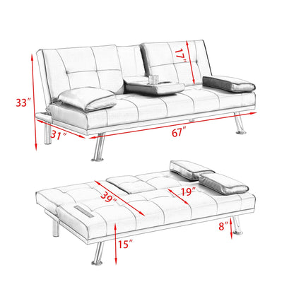Leather Office Double Folding Sofa Bed with Matching Coffee Table, Multifunctional Design
