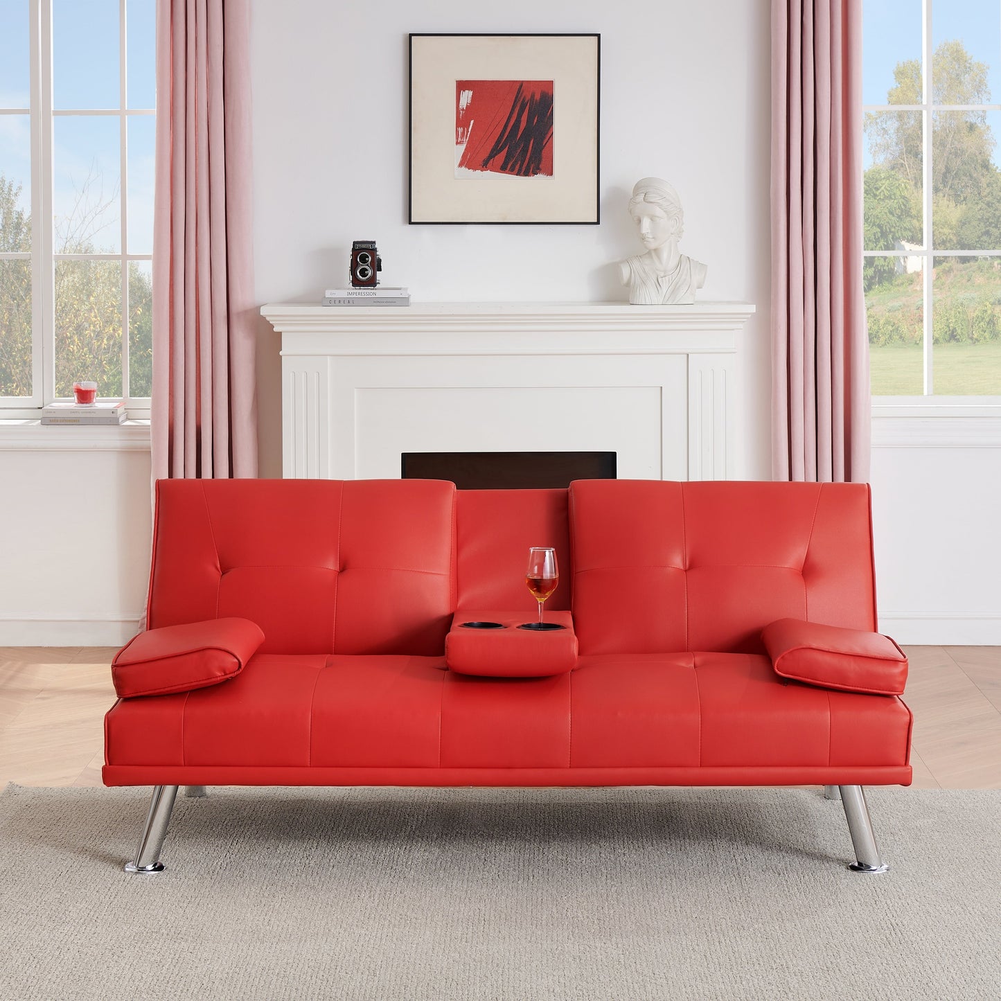 Leather Office Double Folding Sofa Bed with Matching Coffee Table, Multifunctional Design