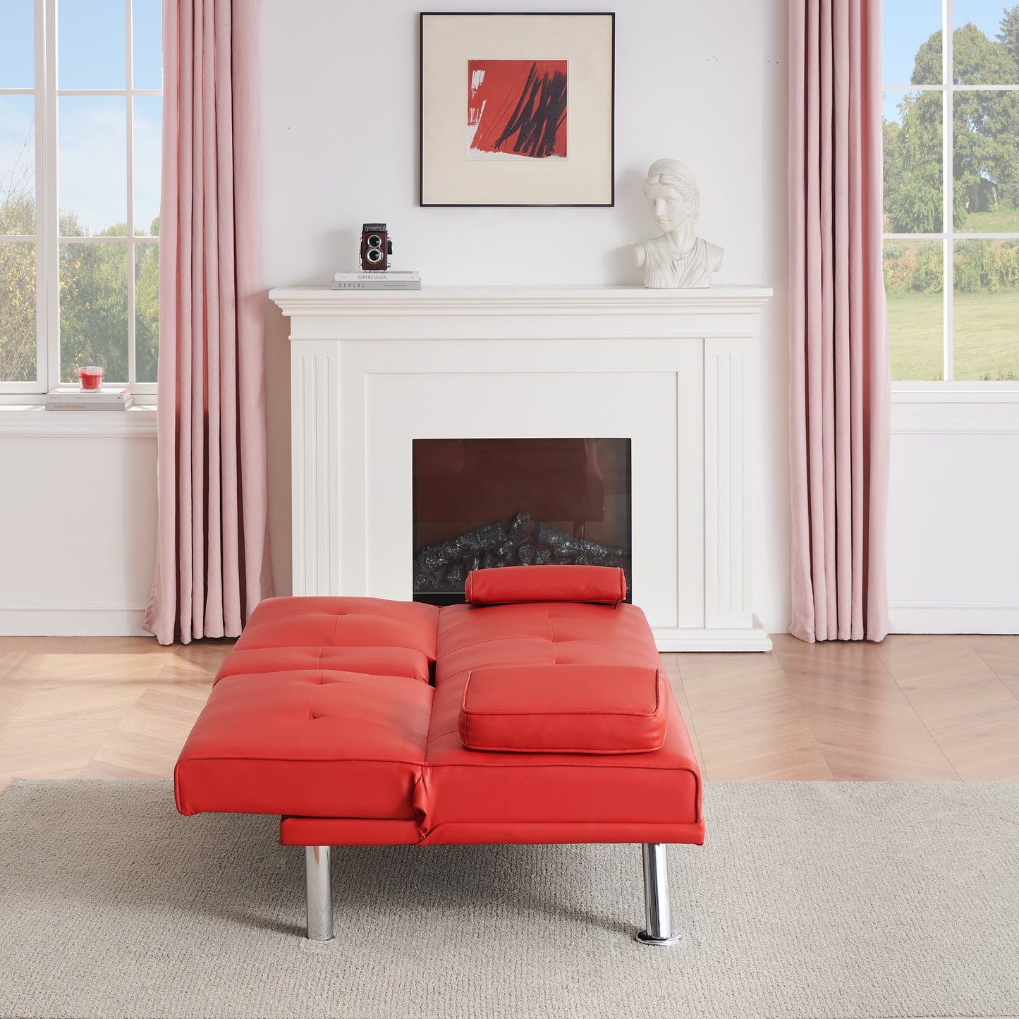 Leather Office Double Folding Sofa Bed with Matching Coffee Table, Multifunctional Design