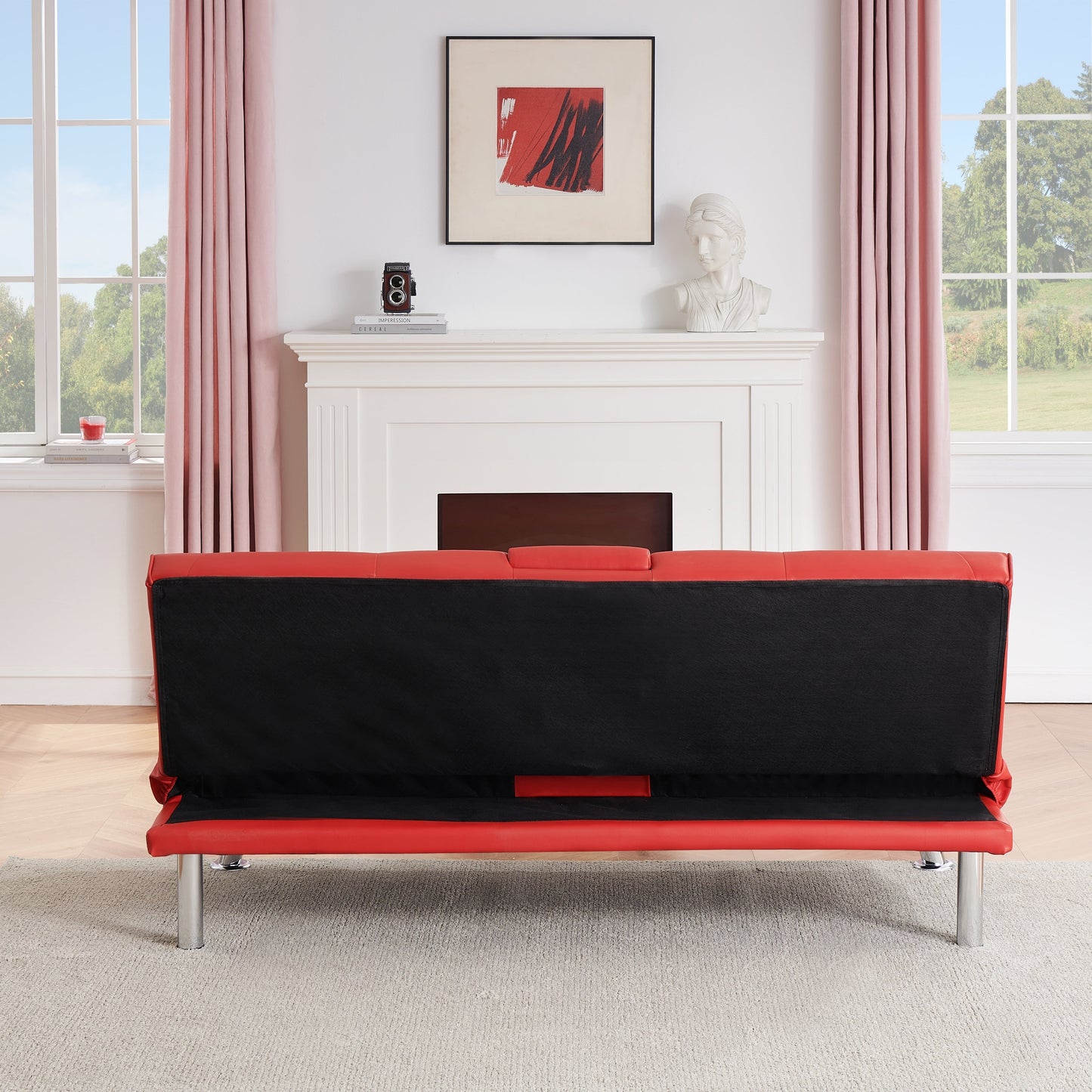 Leather Office Double Folding Sofa Bed with Matching Coffee Table, Multifunctional Design