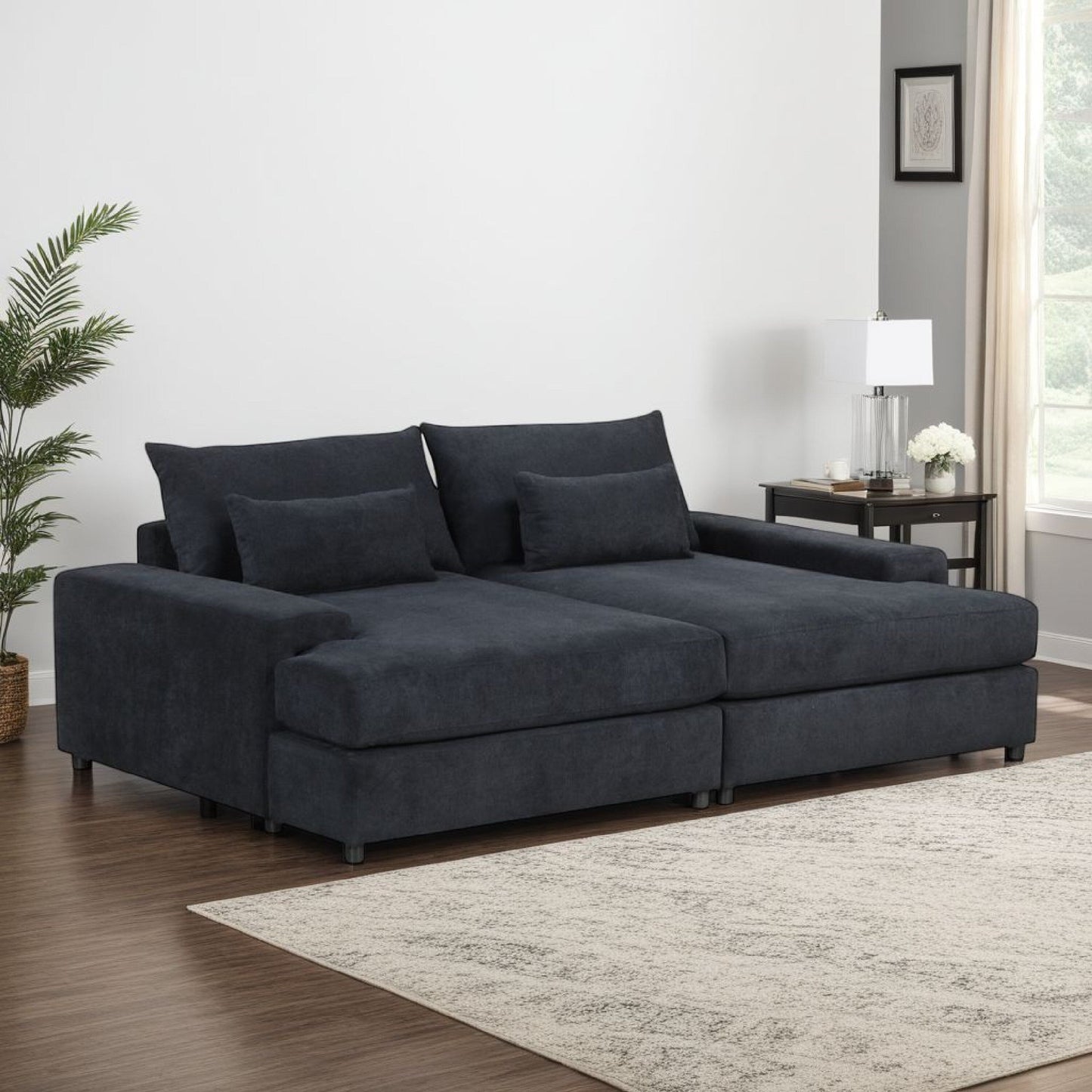 Leena Oversized Sleeper Sofa with 2 Throw Pillow, Black Fabric 88 Inch