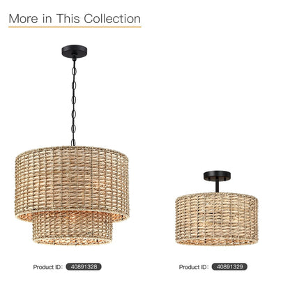 Lennie 20 in. 4-Light Rattan Tiered Drum Chandelier Light with Black Canopy - 20 in. W - 20 in. W