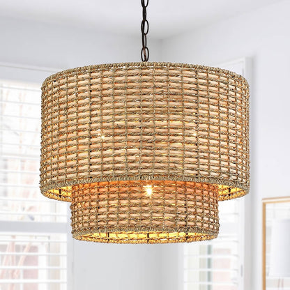 Lennie 20 in. 4-Light Rattan Tiered Drum Chandelier Light with Black Canopy - 20 in. W - 20 in. W