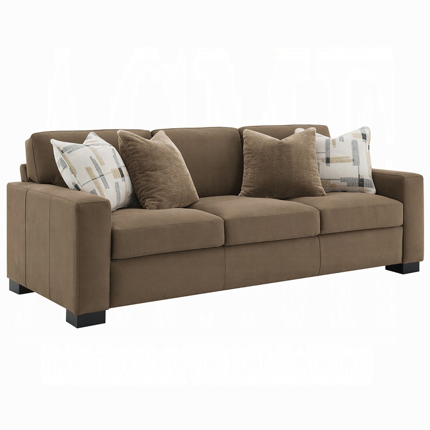 Lenu Modern Sofa w 4 Accent Pillows, Soft Brown Suede Fabric, 89 Inch
