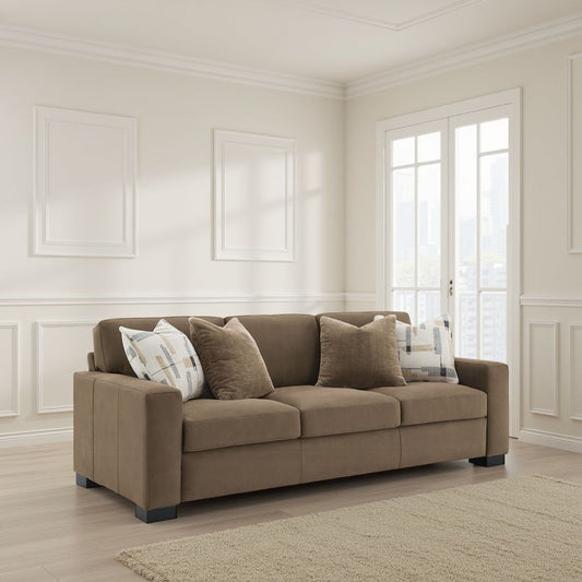Lenu Modern Sofa w 4 Accent Pillows, Soft Brown Suede Fabric, 89 Inch