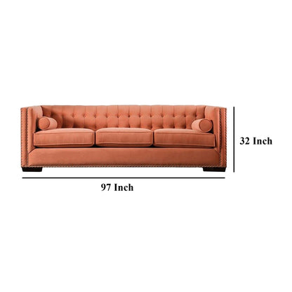 Leone Sofa, Tufted Orange, 2 Bolster Pillows, Nailhead Trim, 93 Inch