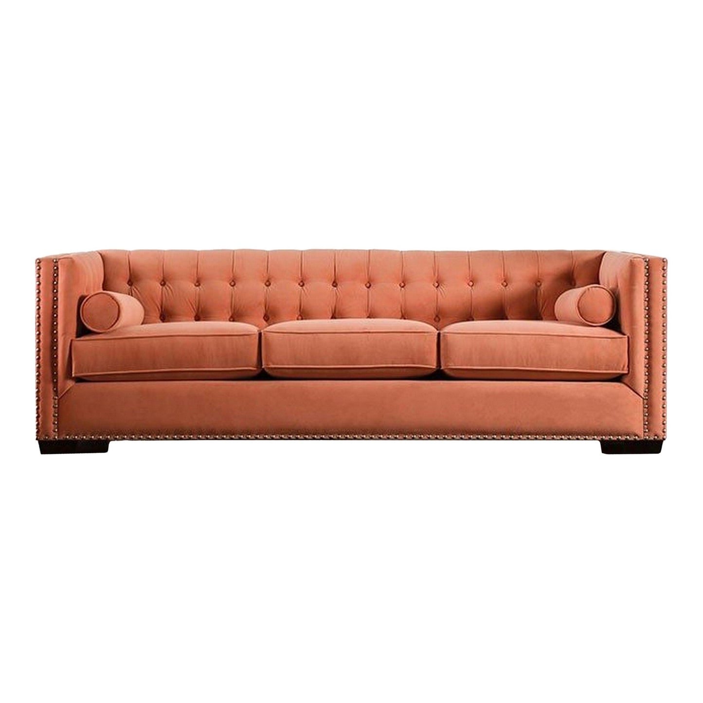 Leone Sofa, Tufted Orange, 2 Bolster Pillows, Nailhead Trim, 93 Inch
