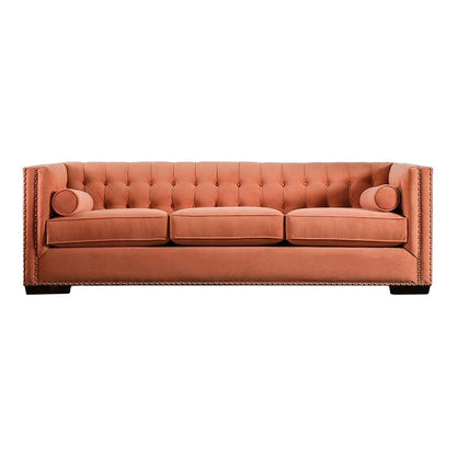 Leone Sofa, Tufted Orange, 2 Bolster Pillows, Nailhead Trim, 93 Inch