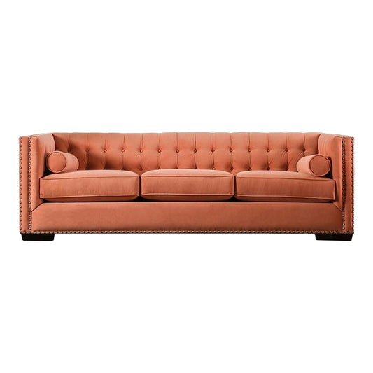 Leone Sofa, Tufted Orange, 2 Bolster Pillows, Nailhead Trim, 93 Inch