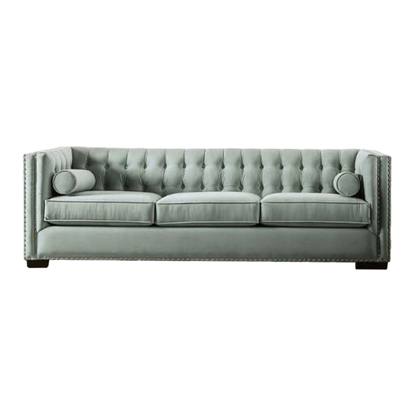 Leone Sofa, Tufted Teal Blue, 2 Bolster Pillows, Nailhead, 93 Inch