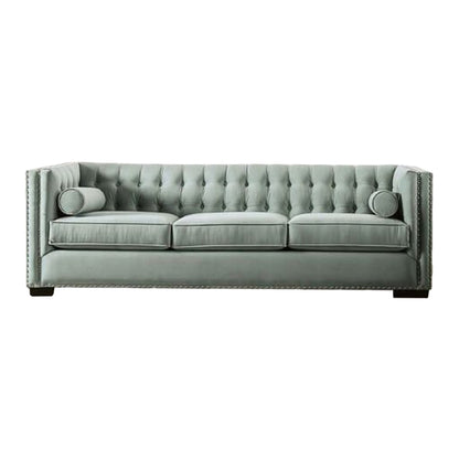 Leone Sofa, Tufted Teal Blue, 2 Bolster Pillows, Nailhead, 93 Inch