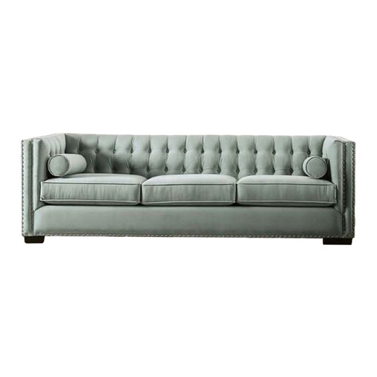 Leone Sofa, Tufted Teal Blue, 2 Bolster Pillows, Nailhead, 93 Inch