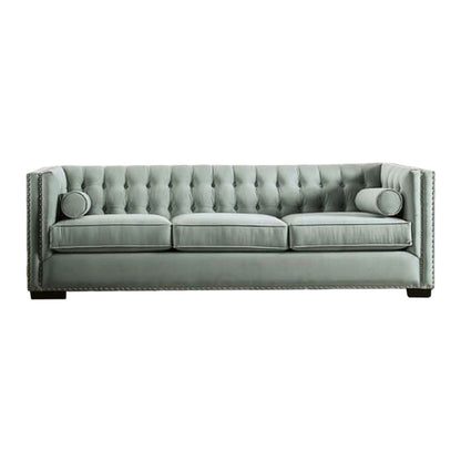 Leone Sofa, Tufted Teal Blue, 2 Bolster Pillows, Nailhead, 93 Inch