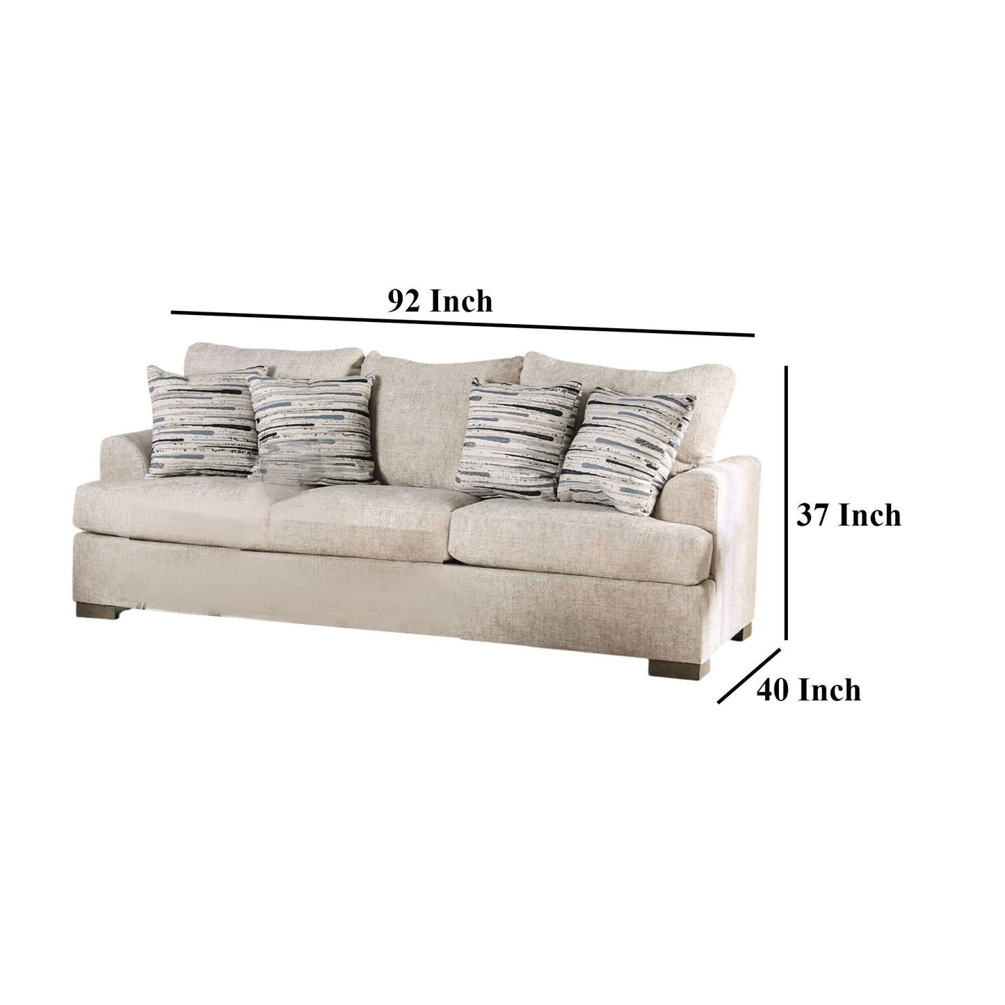 Lewis Sofa with 4 Accent PIllows, 92 Inch , Cream Polyester