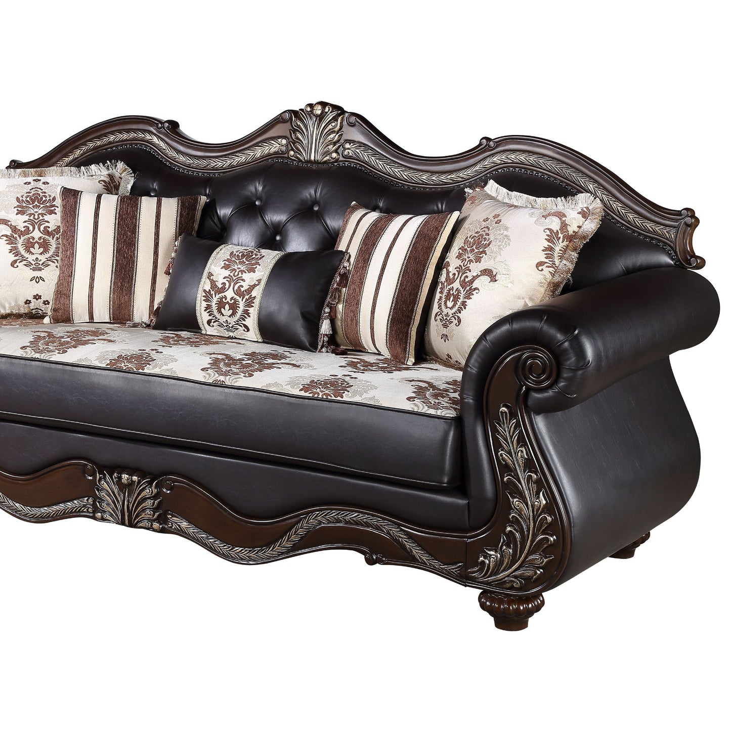 Liana Sofa, Black Faux Leather, Cherry Brown Solid Wood, 93 Inch