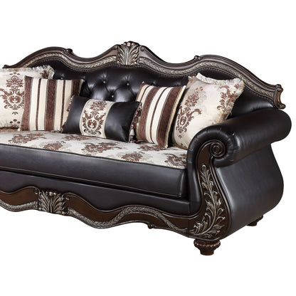 Liana Sofa, Black Faux Leather, Cherry Brown Solid Wood, 93 Inch