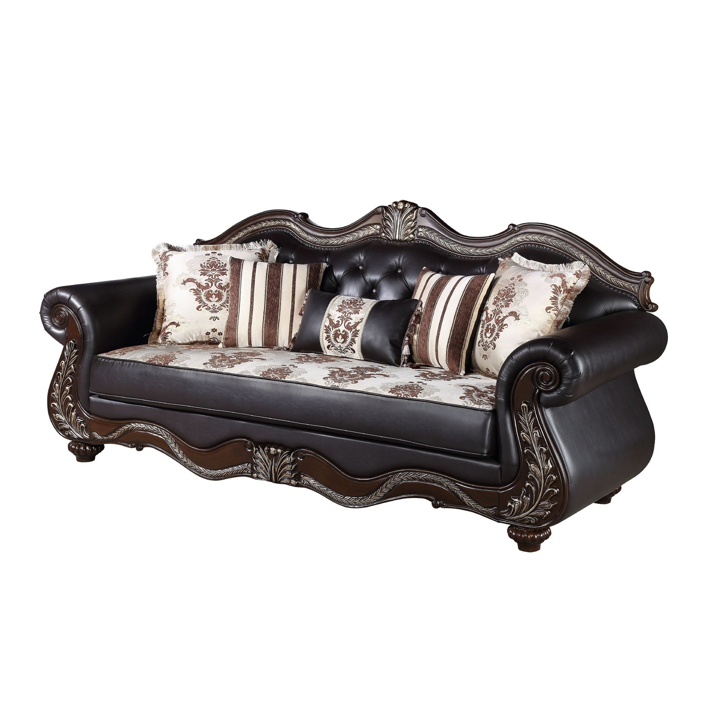 Liana Sofa, Black Faux Leather, Cherry Brown Solid Wood, 93 Inch