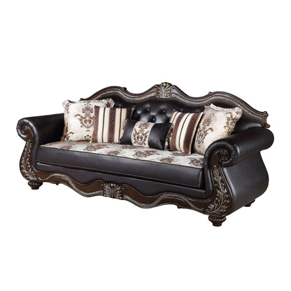 Liana Sofa, Black Faux Leather, Cherry Brown Solid Wood, 93 Inch