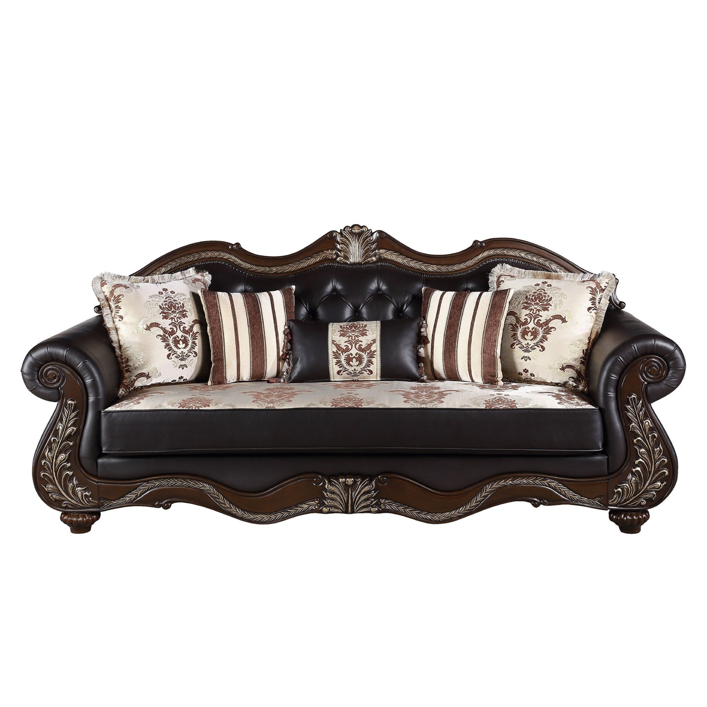 Liana Sofa, Black Faux Leather, Cherry Brown Solid Wood, 93 Inch
