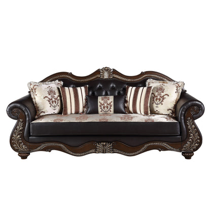 Liana Sofa, Black Faux Leather, Cherry Brown Solid Wood, 93 Inch