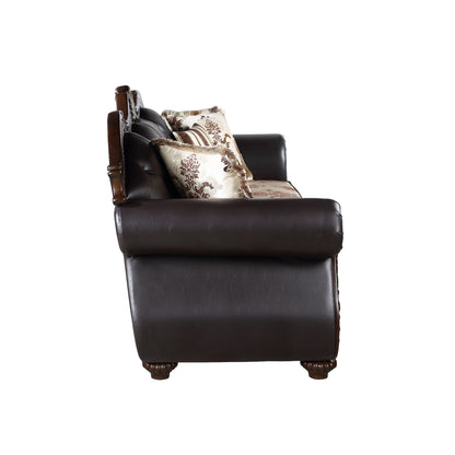 Liana Sofa, Black Faux Leather, Cherry Brown Solid Wood, 93 Inch