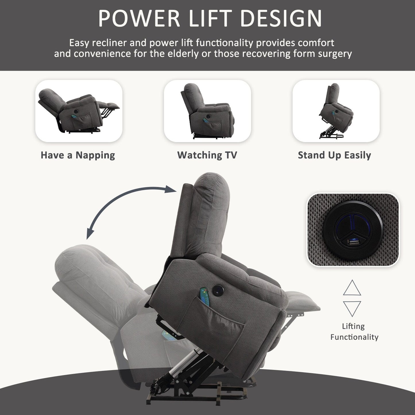 Lift Recliner with Vibration Massage, Heating, USB Port, Concealed Cup Holders, and Adjustable Recline