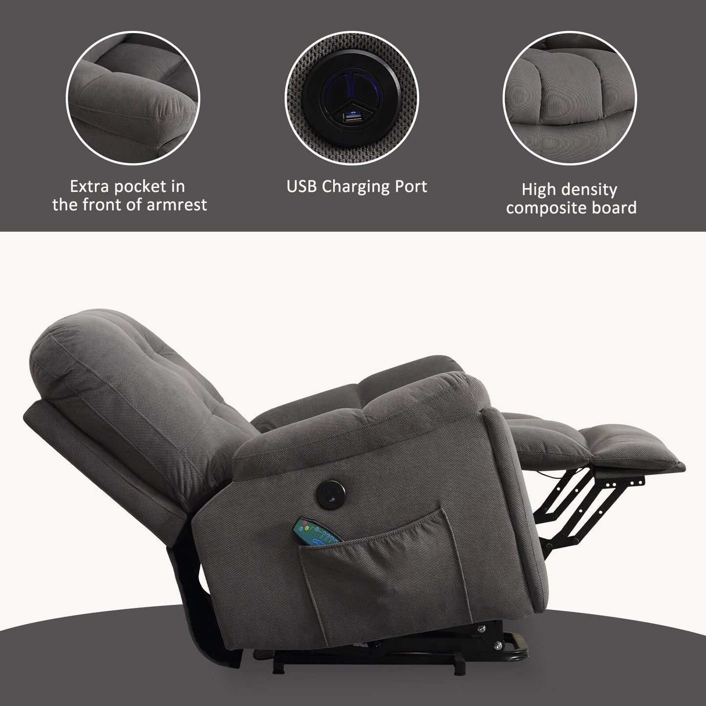 Lift Recliner with Vibration Massage, Heating, USB Port, Concealed Cup Holders, and Adjustable Recline