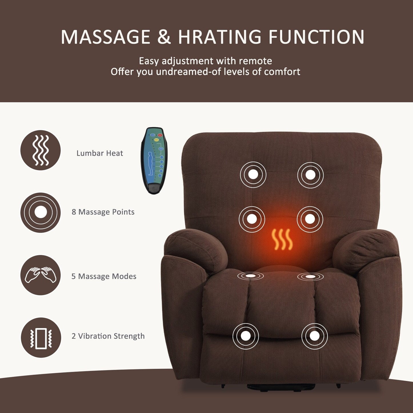 Lift Recliner with Vibration Massage, Heating, USB Port, Concealed Cup Holders, and Adjustable Recline