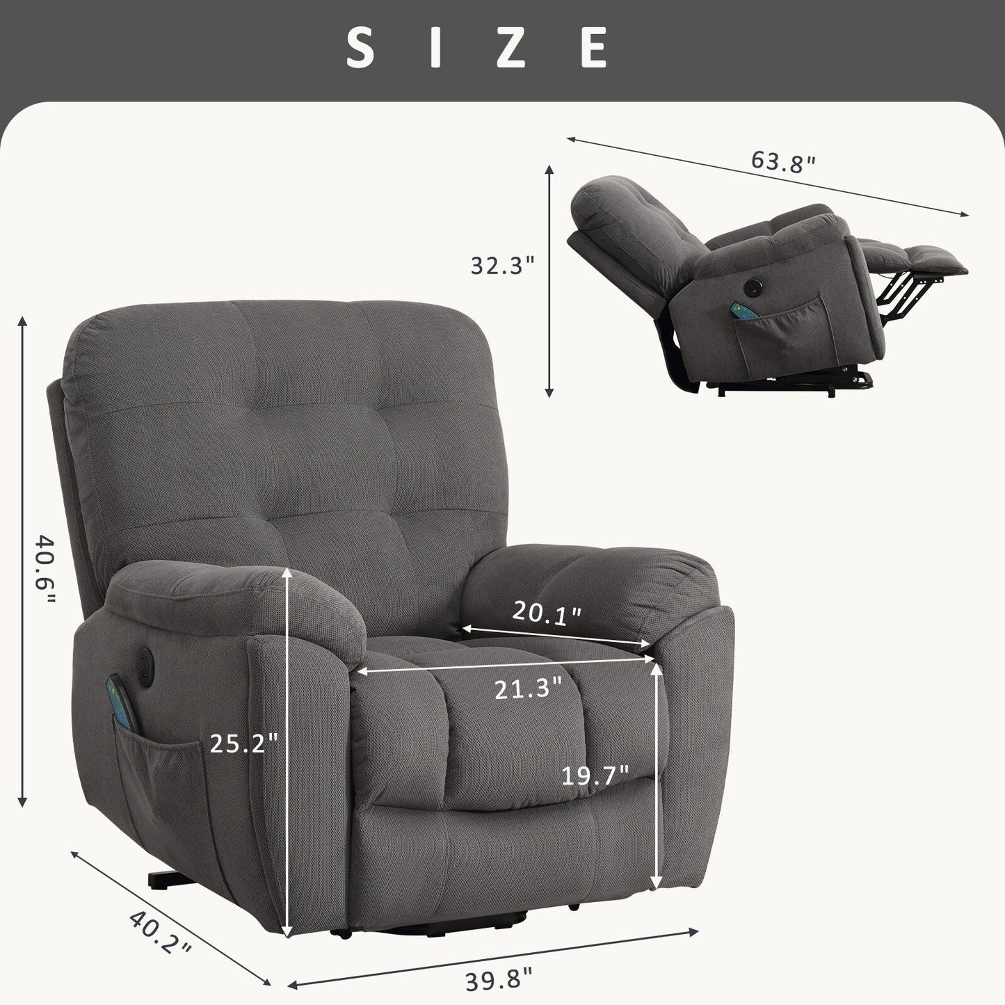 Lift Recliner with Vibration Massage, Heating, USB Port, Concealed Cup Holders, and Adjustable Recline