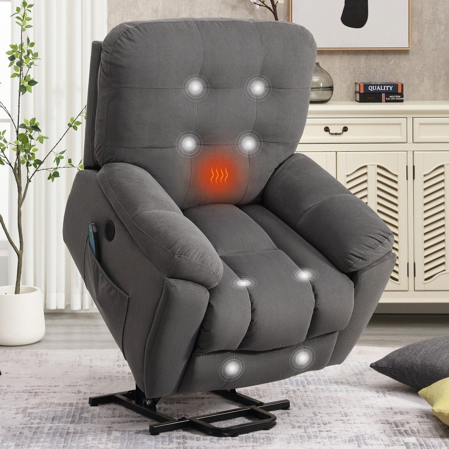 Lift Recliner with Vibration Massage, Heating, USB Port, Concealed Cup Holders, and Adjustable Recline