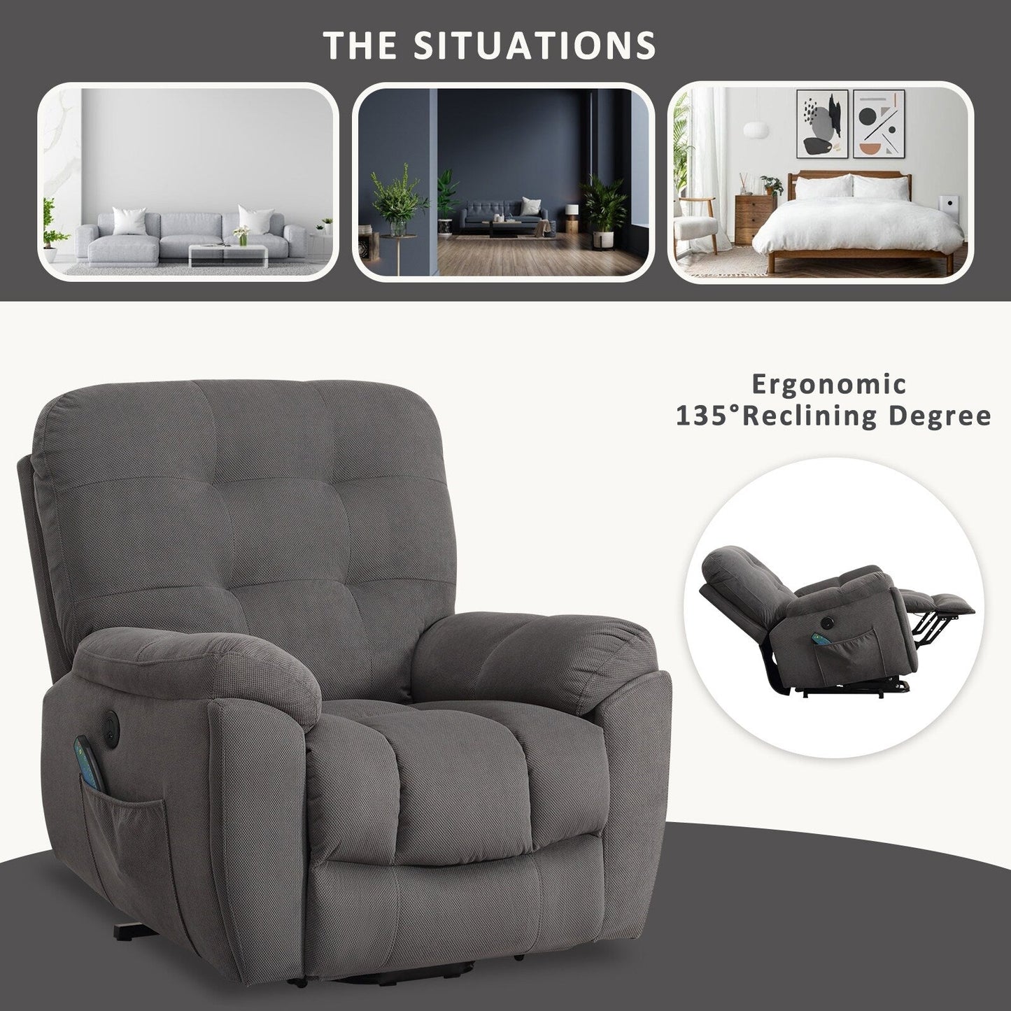 Lift Recliner with Vibration Massage, Heating, USB Port, Concealed Cup Holders, and Adjustable Recline