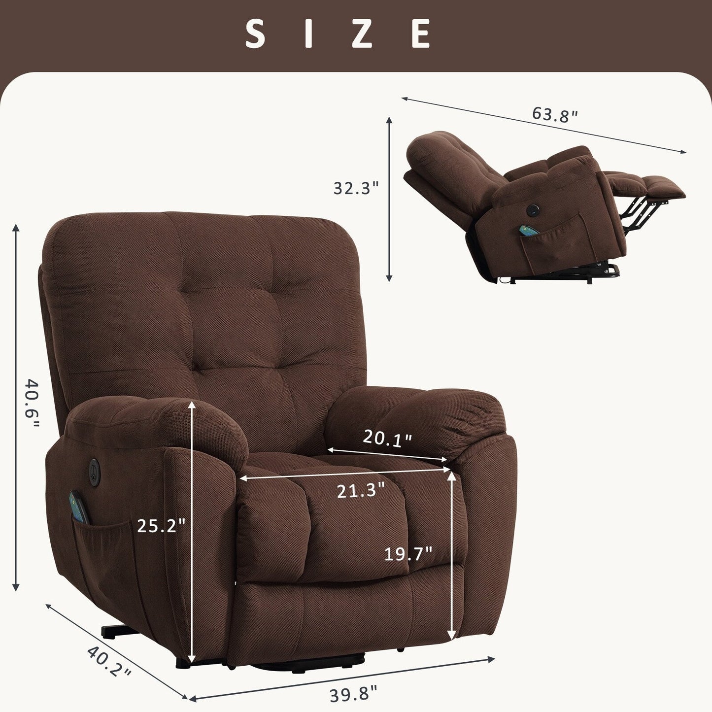 Lift Recliner with Vibration Massage, Heating, USB Port, Concealed Cup Holders, and Adjustable Recline