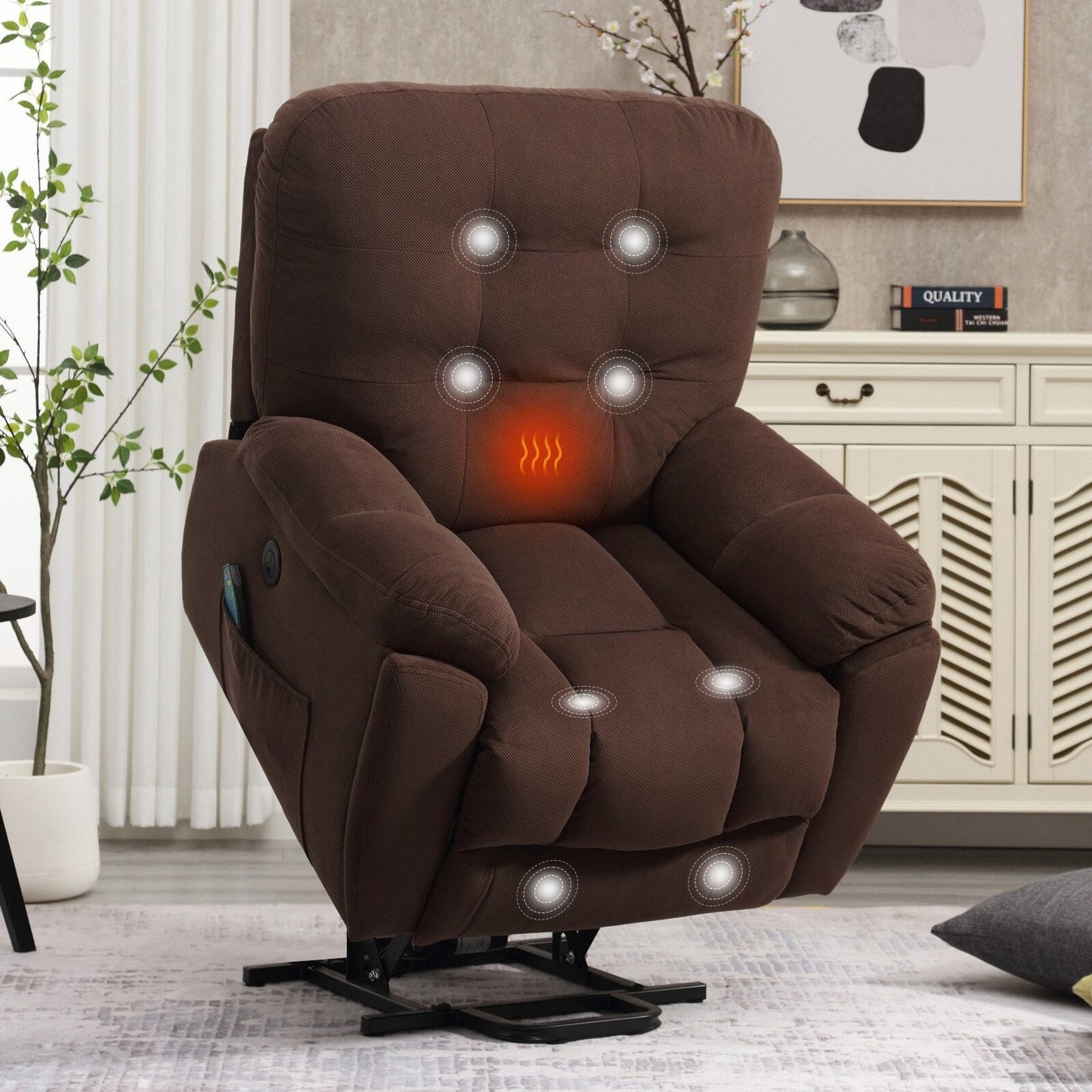 Lift Recliner with Vibration Massage, Heating, USB Port, Hidden Cup Holders, and Adjustable Recline Features