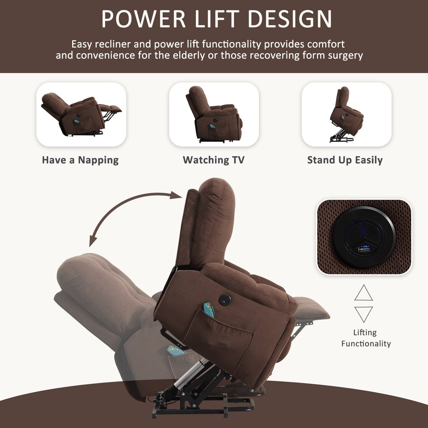 Lift Recliner with Vibration Massage, Heating, USB Port, Hidden Cup Holders, and Adjustable Recline Features