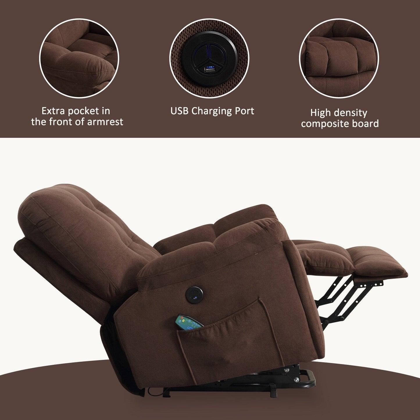 Lift Recliner with Vibration Massage, Heating, USB Port, Hidden Cup Holders, and Adjustable Recline Features