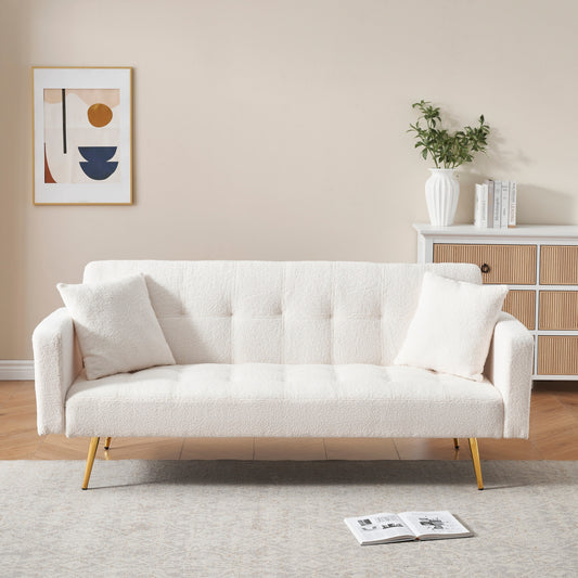 Light Beige 71.7 Teddy Fleece Convertible Loveseat Sofa Bed with Adjustable Backrest and 2 Pillows for Living Room