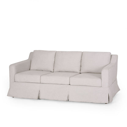 Light Beige 79 Striped Fabric 3-seater Recessed Arms Sofa with Skirt for Living Room